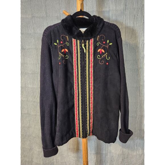 breckenridge Sweaters - Breckinridge $85 XL Black Embroidered Full Zip Faux Fur Sweater Jacket Cardigan
